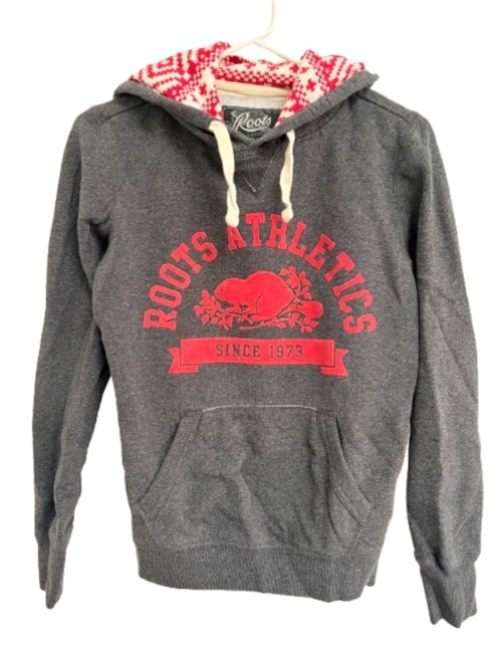 Roots Charcoal Gray Hoodie with Red Logo and Patterned Hood